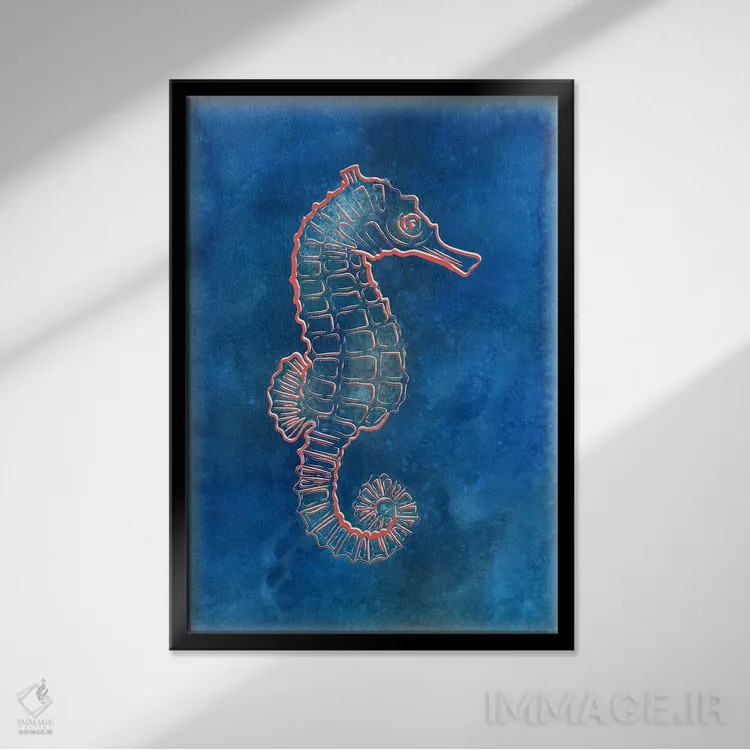 تابلو دکوراتیو اسب دریایی آبی اثر مارتینا پاولوا - نمای قابدار مشکی