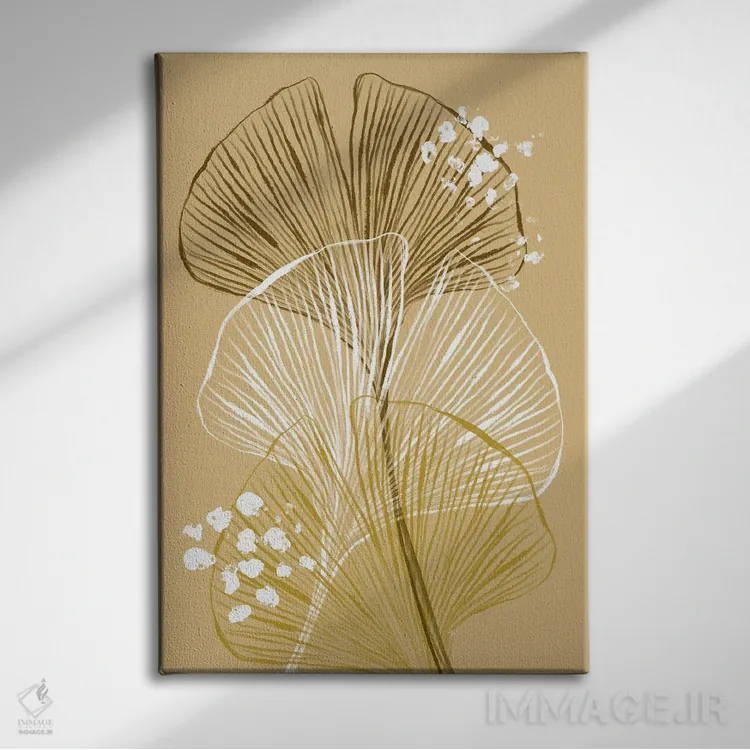 تابلو مینیمال برگ های جینکو بژ اثر مارتینا پاولوا - نمای روبهرو روی دیوار
