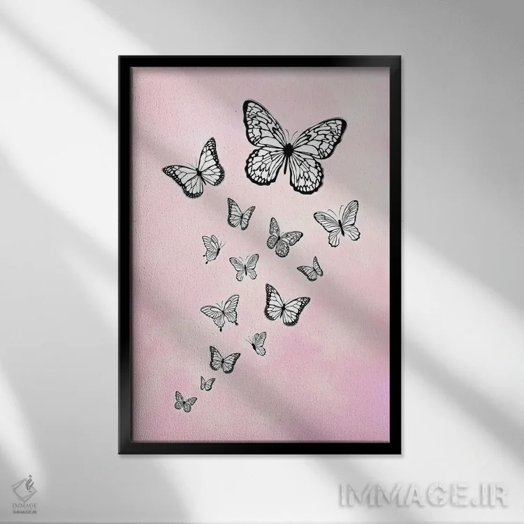 تابلو دکوراتیو پروانه های کوچک صورتی اثر مارتینا پاولوا - نمای قابدار مشکی