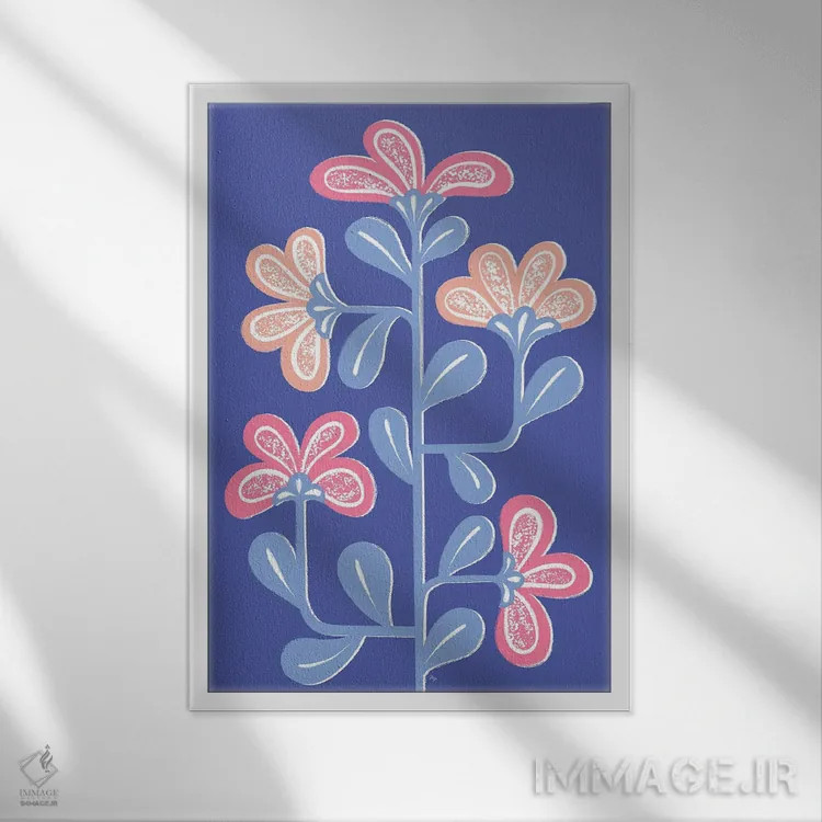 تابلو مینیمال گل مردمی آبی در حال رشد اثر مارتینا پاولوا - نمای قابدار سفید