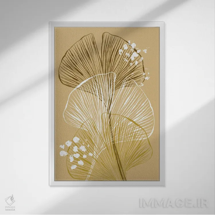 تابلو مینیمال برگ های جینکو بژ اثر مارتینا پاولوا - نمای قابدار سفید