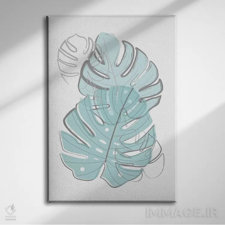 تابلو مینیمال برگ های آبی اثر مارتینا پاولوا - نمای روبهرو روی دیوار