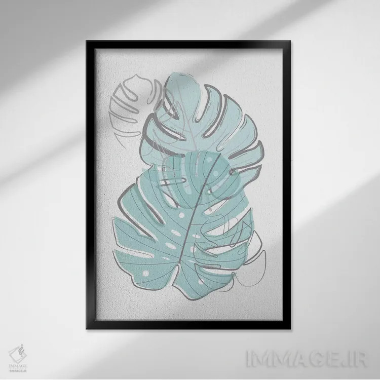تابلو مینیمال برگ های آبی اثر مارتینا پاولوا - نمای قابدار مشکی