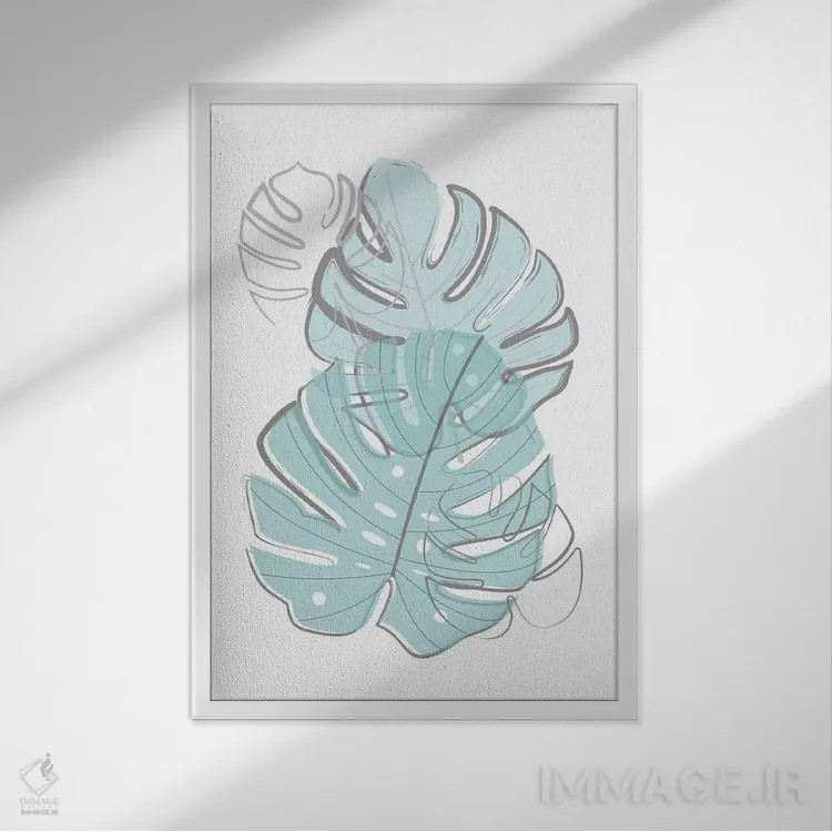 تابلو مینیمال برگ های آبی اثر مارتینا پاولوا - نمای قابدار سفید