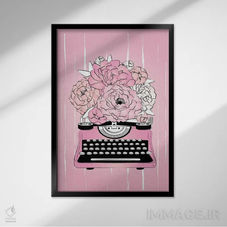 تابلو دکوراتیو دستگاه تایپ گل دار اثر مارتینا پاولوا - نمای قابدار مشکی