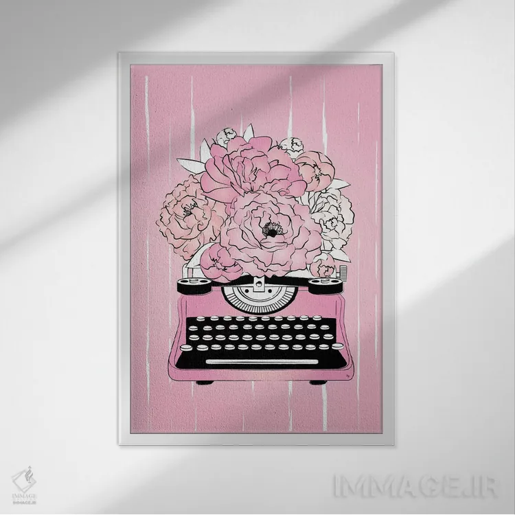 تابلو دکوراتیو دستگاه تایپ گل دار اثر مارتینا پاولوا - نمای قابدار سفید