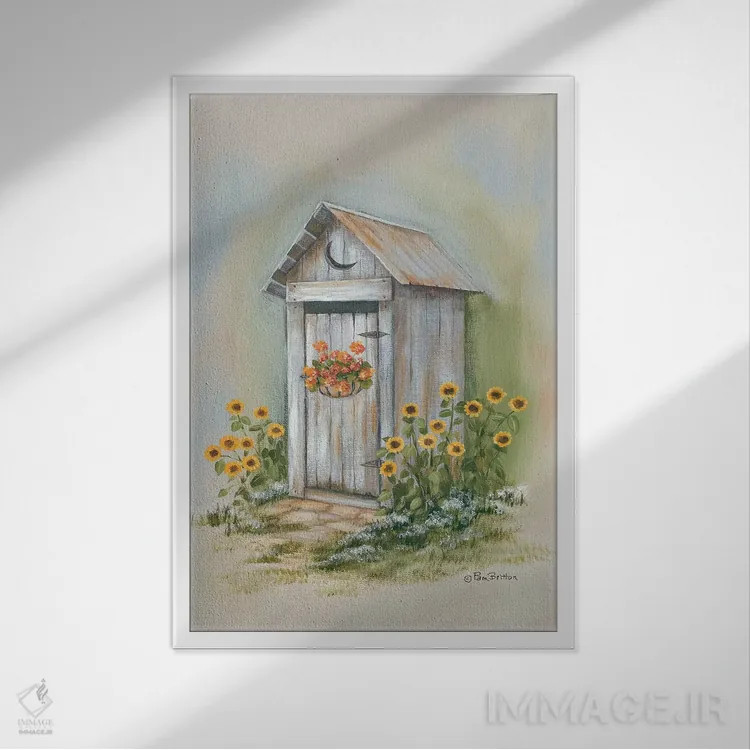 تابلو دکوراتیو توالت بیرونی روستایی ۱ اثر پم بریتون - نمای قابدار سفید