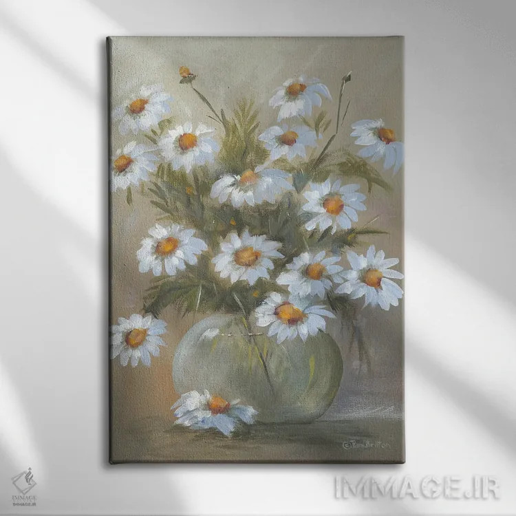 تابلو دکوراتیو کاسه ای پر از گل های بابونه اثر پم بریتون - نمای روبهرو روی دیوار
