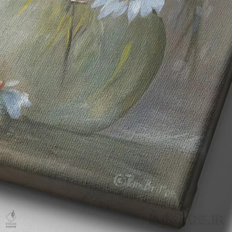 تابلو دکوراتیو کاسه ای پر از گل های بابونه اثر پم بریتون - نمای نزدیک بافت بوم