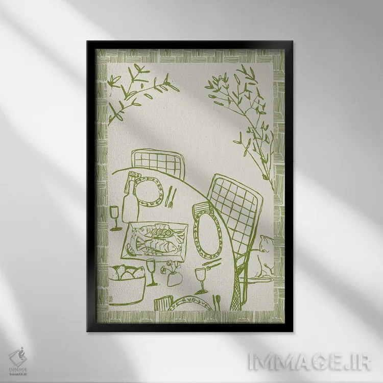 تابلو مینیمال گربه روی میز اثر پاسکال برکوویتز - نمای قابدار مشکی