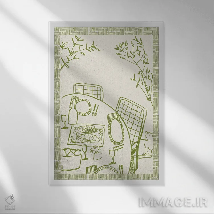 تابلو مینیمال گربه روی میز اثر پاسکال برکوویتز - نمای قابدار سفید