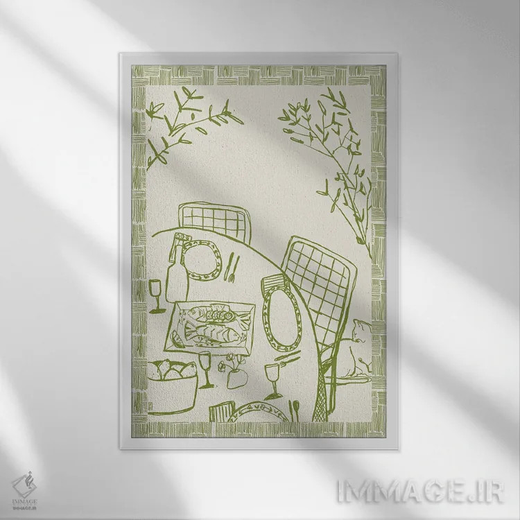 تابلو مینیمال گربه روی میز اثر پاسکال برکوویتز - نمای قابدار سفید