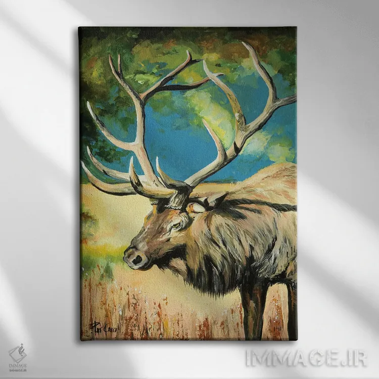 تابلو دکوراتیو گوزن شمالی هنگام غروب اثر پاتریشیا کارول - نمای روبهرو روی دیوار