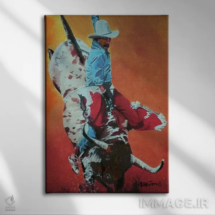 تابلو دکوراتیو سوار گاو اثر پاتریشیا کارول - نمای روبهرو روی دیوار