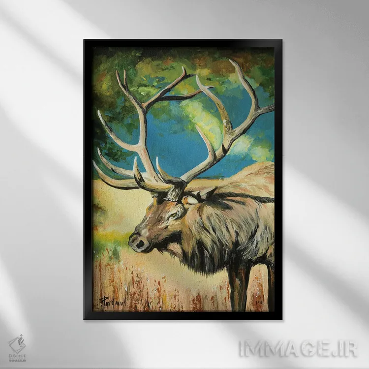 تابلو دکوراتیو گوزن شمالی هنگام غروب اثر پاتریشیا کارول - نمای قابدار مشکی