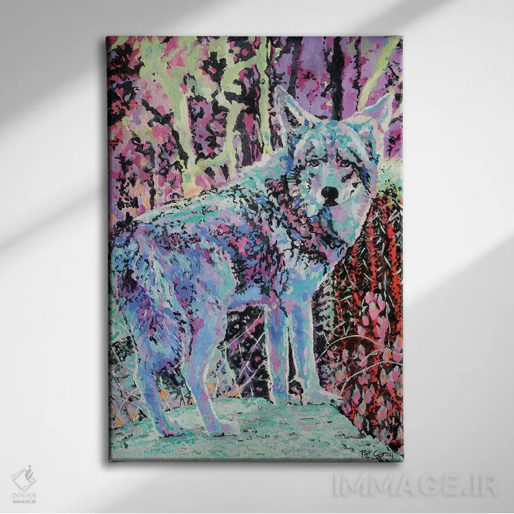 تابلو دکوراتیو کایوت رنگی اثر پاتریشیا کارول - نمای روبهرو روی دیوار