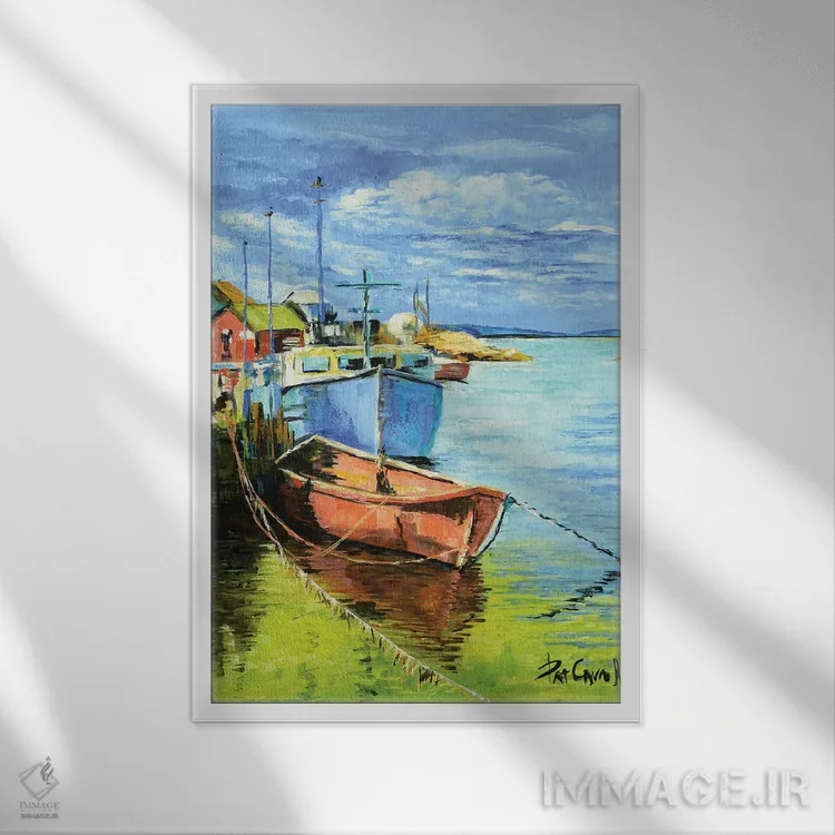 تابلو دکوراتیو قایق های ماهیگیری در اسکله اثر پاتریشیا کارول - نمای قابدار سفید
