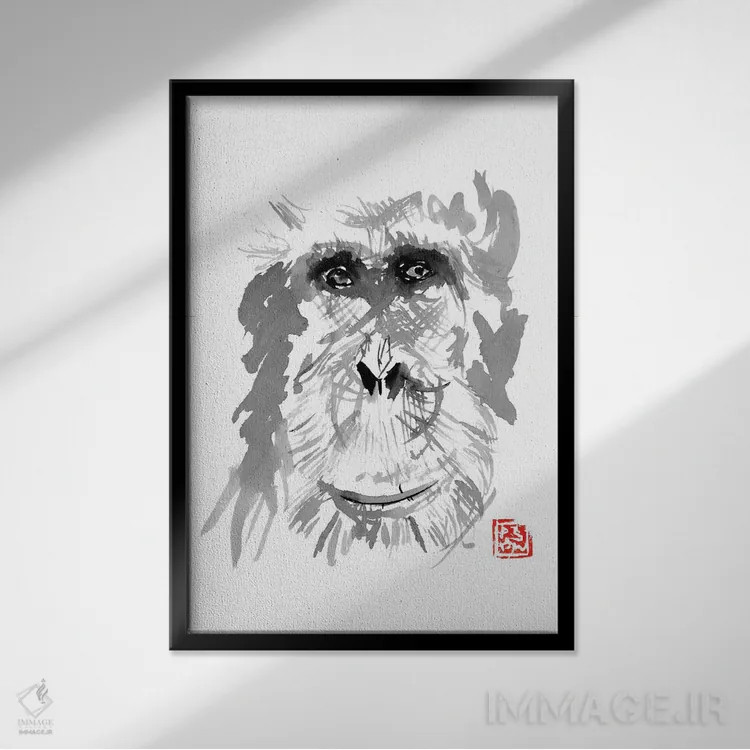 تابلو دکوراتیو اورانگوتان پیر اثر پشان - نمای قابدار مشکی