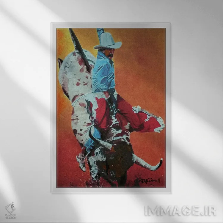 تابلو دکوراتیو سوار گاو اثر پاتریشیا کارول - نمای قابدار سفید