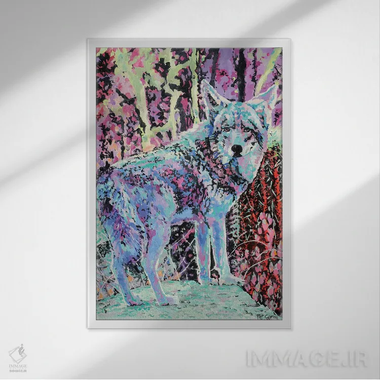 تابلو دکوراتیو کایوت رنگی اثر پاتریشیا کارول - نمای قابدار سفید