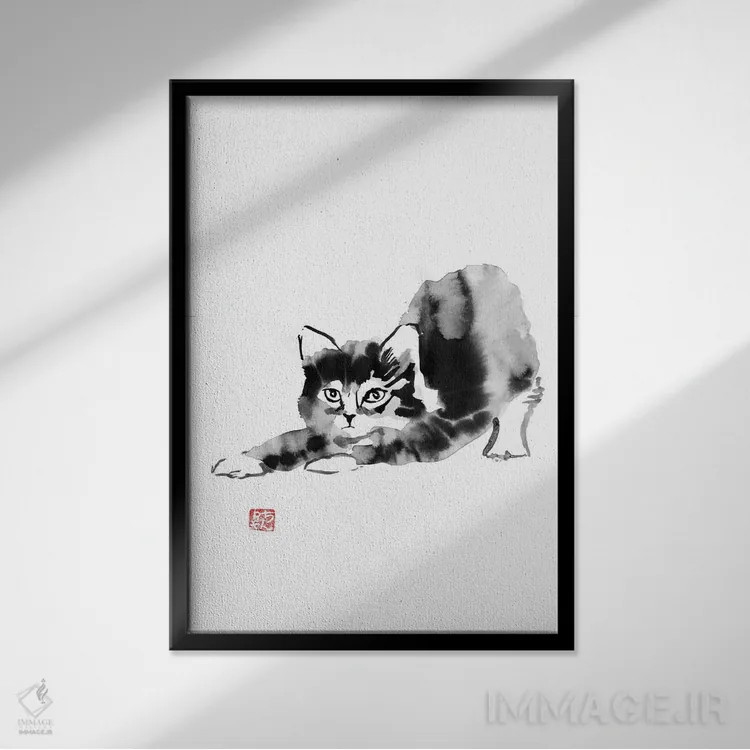 تابلو دکوراتیو گربه صبحگاهی اثر پشان - نمای قابدار مشکی