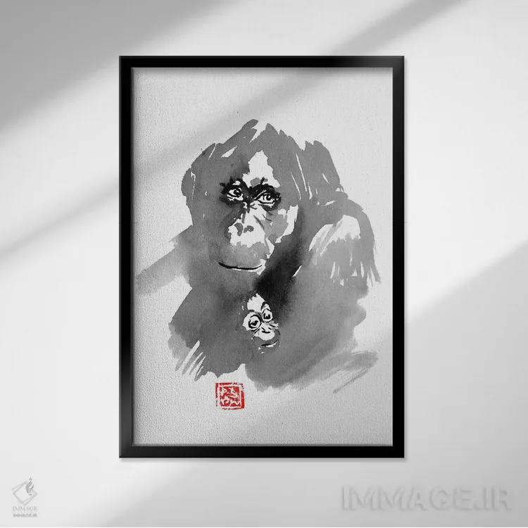 تابلو دکوراتیو خانواده اورانگوتان اثر پشان - نمای قابدار مشکی