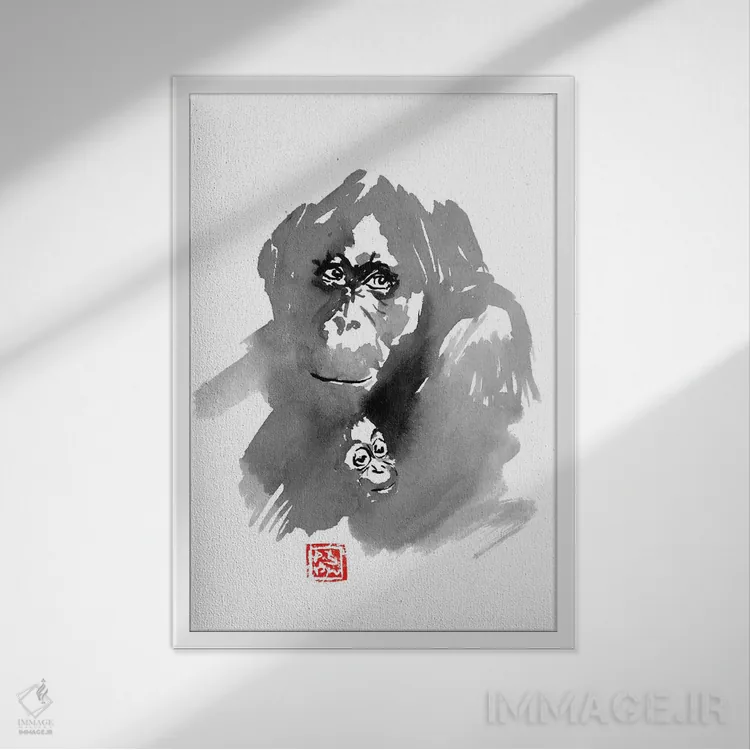 تابلو دکوراتیو خانواده اورانگوتان اثر پشان - نمای قابدار سفید