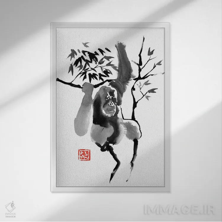 تابلو دکوراتیو اورانگوتان روی درخت اثر پشان - نمای قابدار سفید