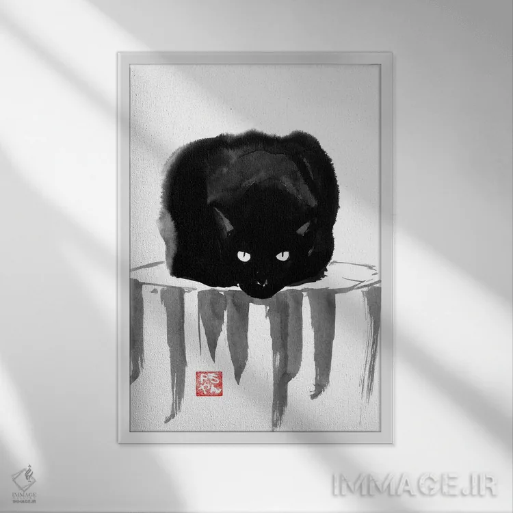 تابلو دکوراتیو گربه سیاه روی چوب اثر پشان - نمای قابدار سفید