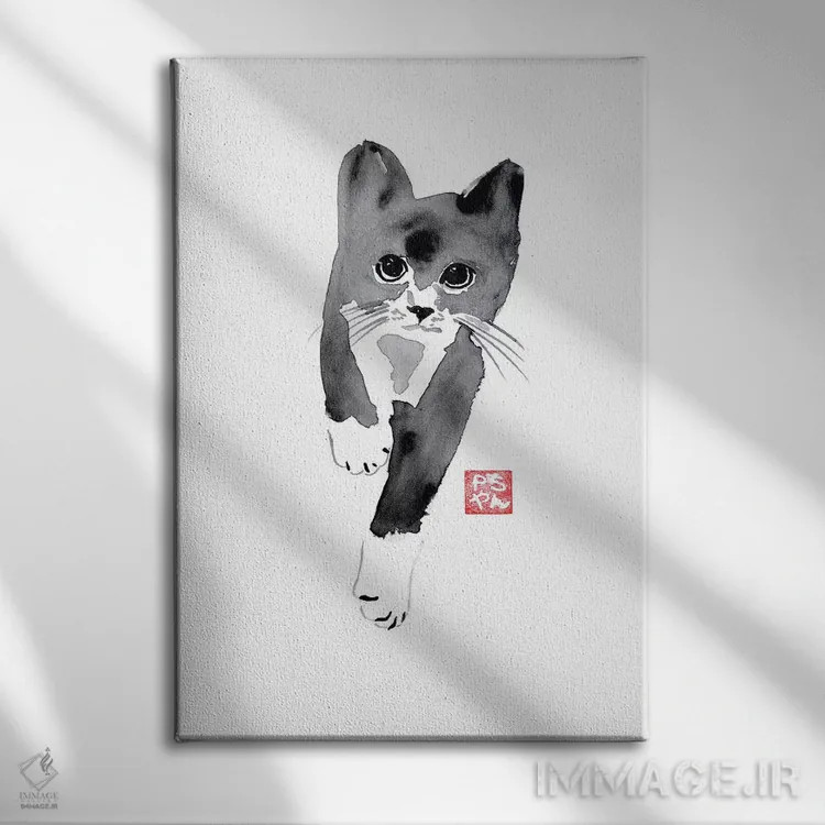 تابلو دکوراتیو گربه در حال دویدن اثر پشان - نمای روبهرو روی دیوار