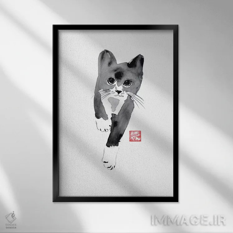 تابلو دکوراتیو گربه در حال دویدن اثر پشان - نمای قابدار مشکی