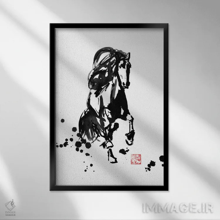 تابلو دکوراتیو اسب در حال دویدن اثر پشان - نمای قابدار مشکی