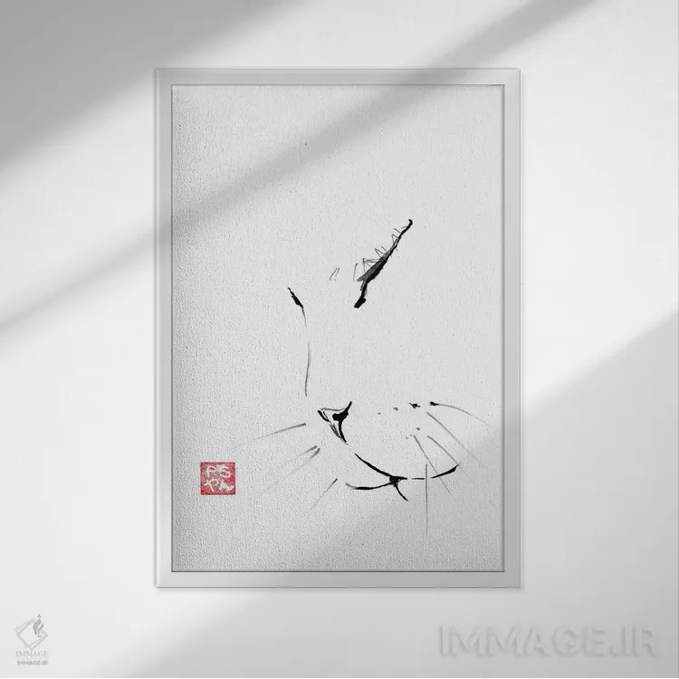 تابلو مینیمال گربه نرم و لطیف اثر پشان - نمای قابدار سفید