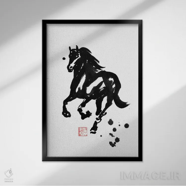تابلو دکوراتیو اسب نر اثر پشان - نمای قابدار مشکی