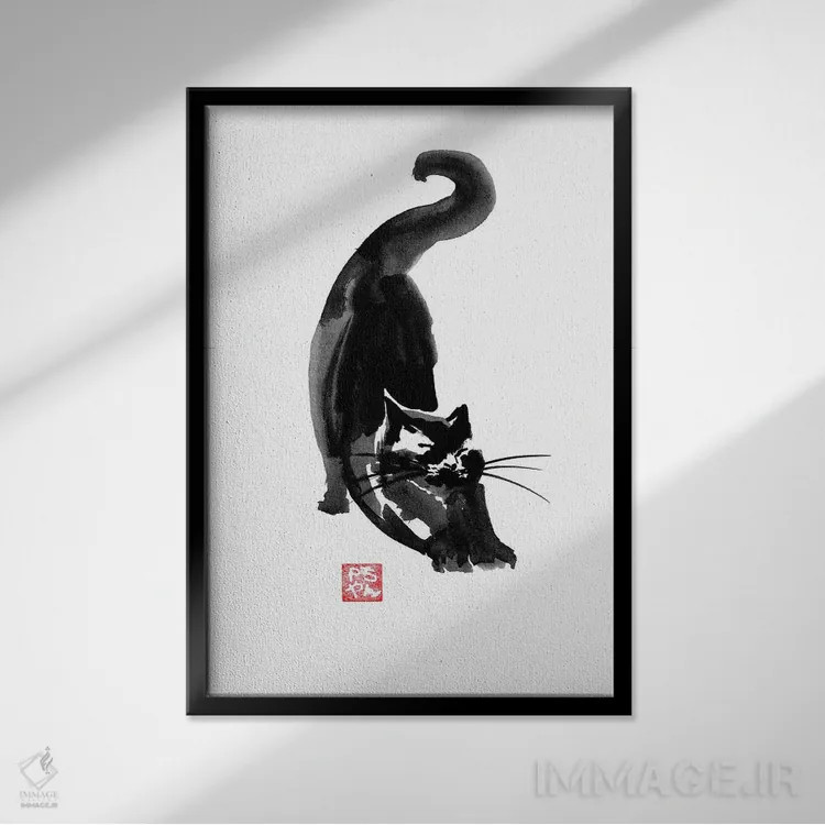 تابلو دکوراتیو گربه در حالت کشش اثر پشان - نمای قابدار مشکی