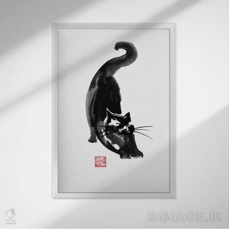 تابلو دکوراتیو گربه در حالت کشش اثر پشان - نمای قابدار سفید