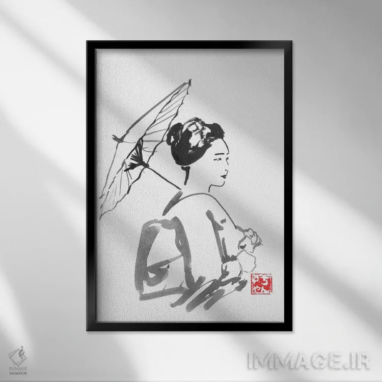 تابلو دکوراتیو گیشای راه رونده اثر پشان - نمای قابدار مشکی
