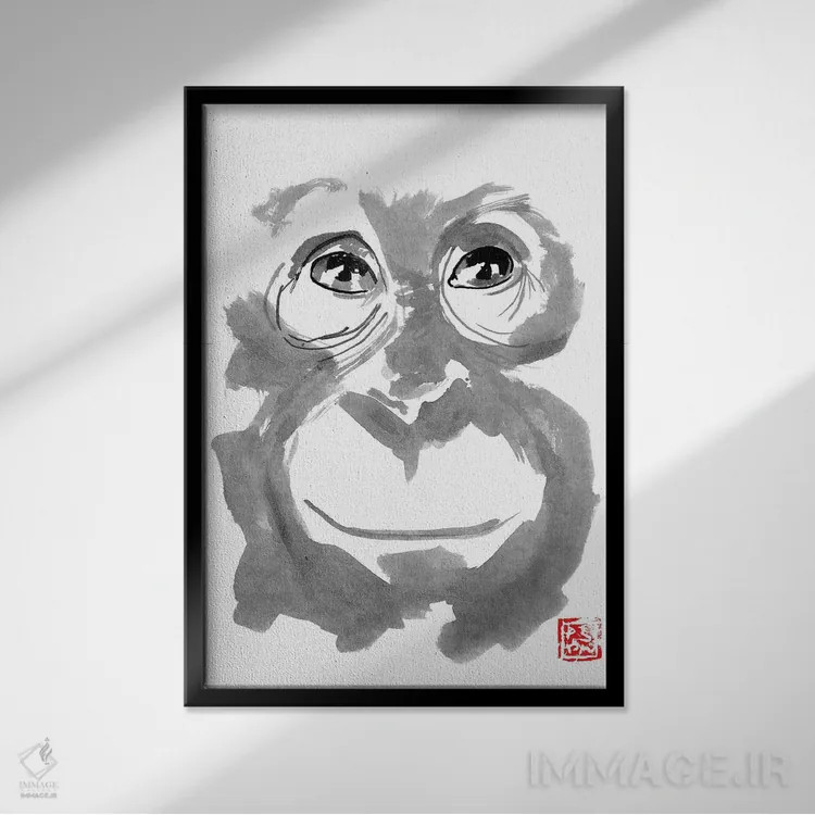 تابلو دکوراتیو اورانگوتان جوان اثر پشان - نمای قابدار مشکی