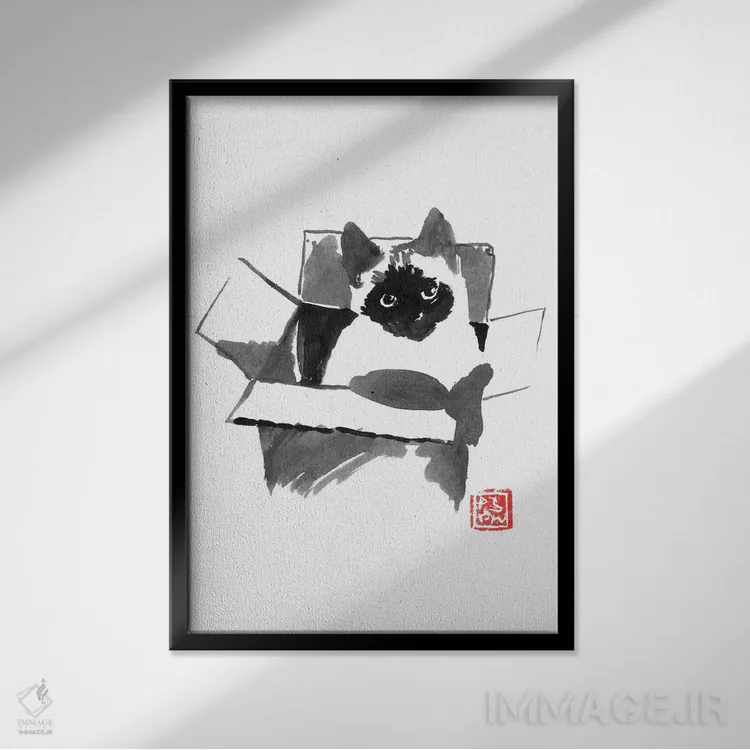 تابلو دکوراتیو گربه داخل جعبه اثر پشان - نمای قابدار مشکی