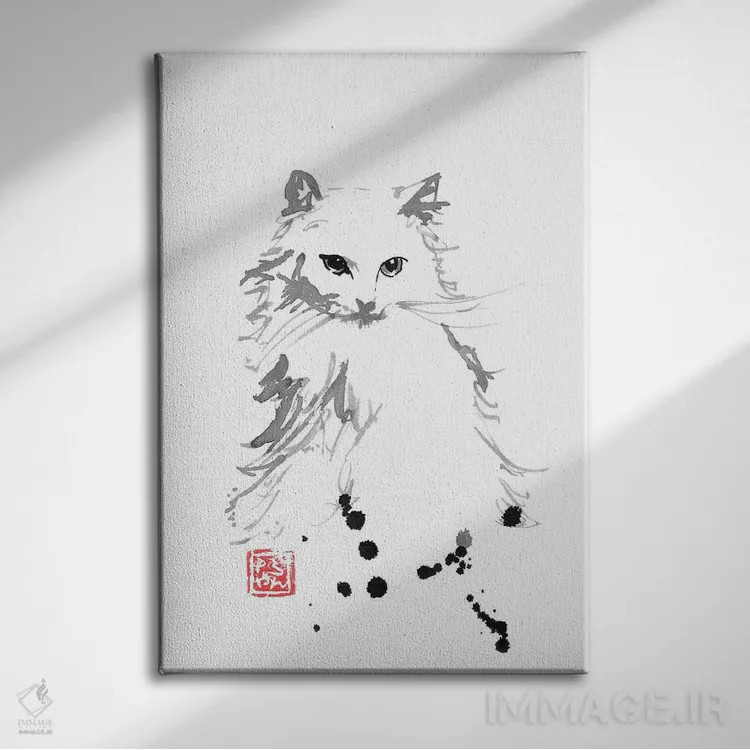 تابلو دکوراتیو گربه سفید اثر پشان - نمای روبهرو روی دیوار