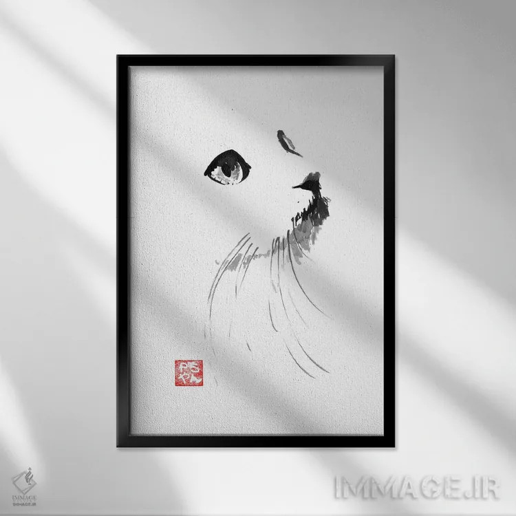 تابلو مینیمال گربه سفیدپوش اثر پشان - نمای قابدار مشکی