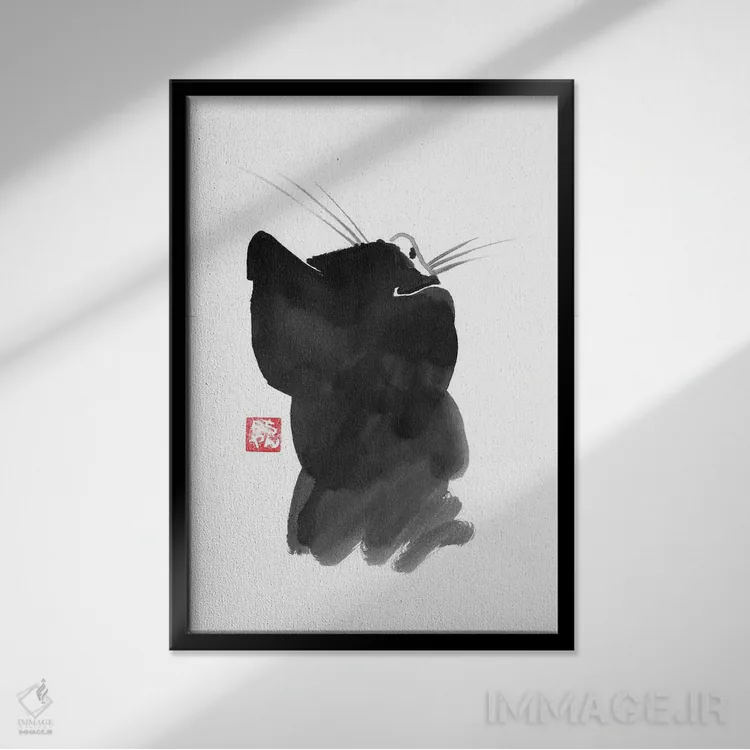 تابلو مینیمال پشت گربه ۱ اثر پشان - نمای قابدار مشکی