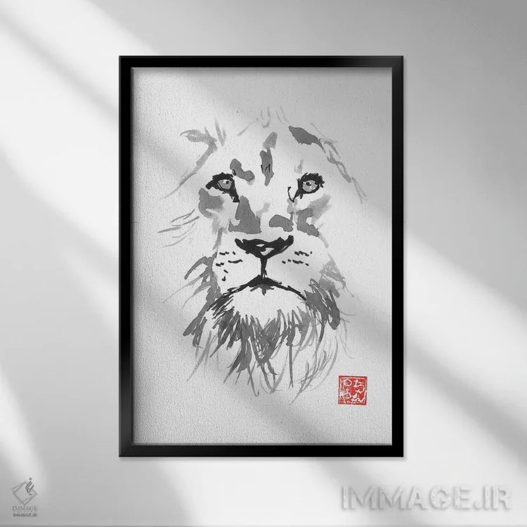 تابلو دکوراتیو شیر سفید اثر پشان - نمای قابدار مشکی
