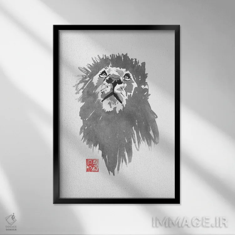 تابلو دکوراتیو شکار شیر اثر پشان - نمای قابدار مشکی