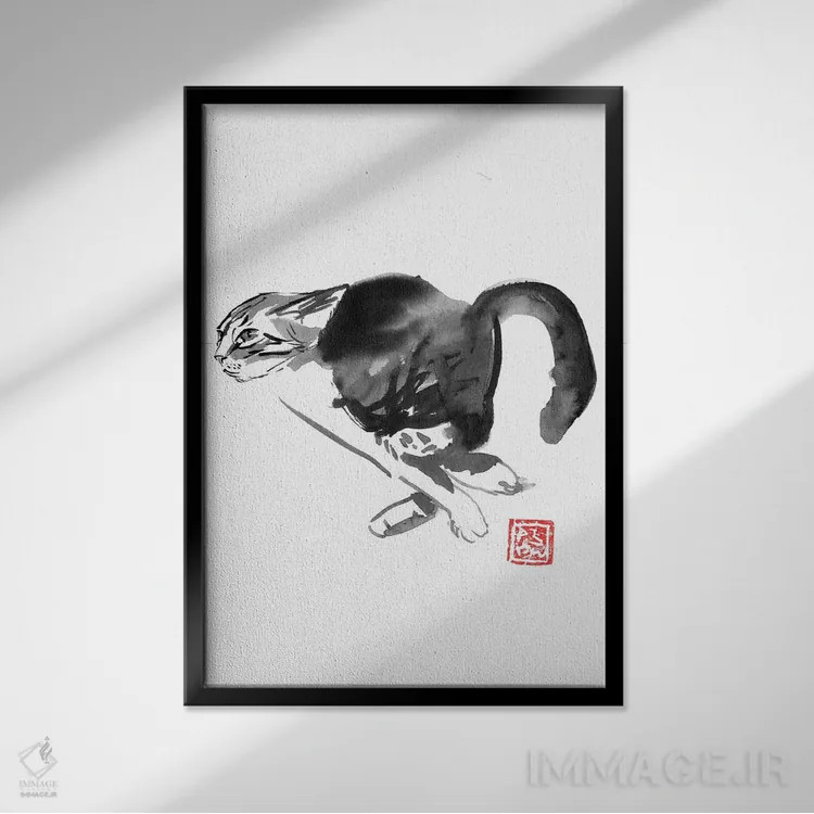 تابلو دکوراتیو گربه در حال دویدن اثر پشان - نمای قابدار مشکی
