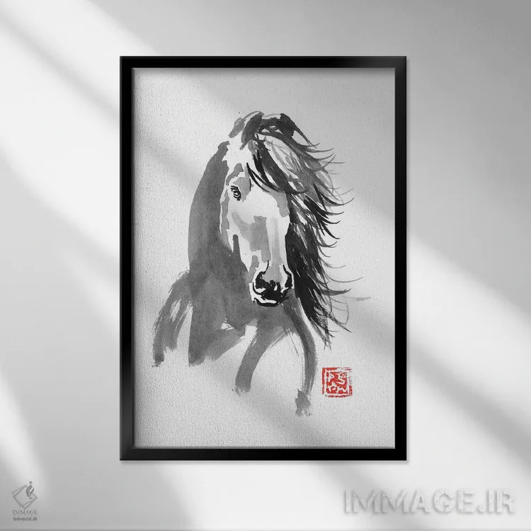 تابلو دکوراتیو اسب در باد اثر پشان - نمای قابدار مشکی