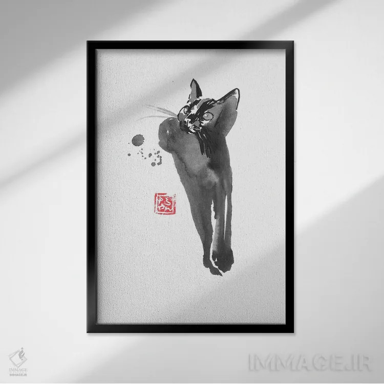 تابلو دکوراتیو گربه آرام اثر پشان - نمای قابدار مشکی