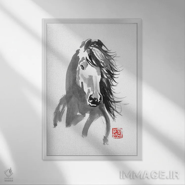 تابلو دکوراتیو اسب در باد اثر پشان - نمای قابدار سفید