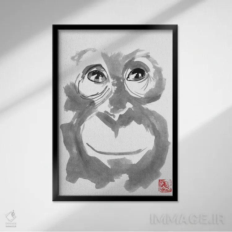 تابلو دکوراتیو اورانگوتان خندان اثر پشان - نمای قابدار مشکی