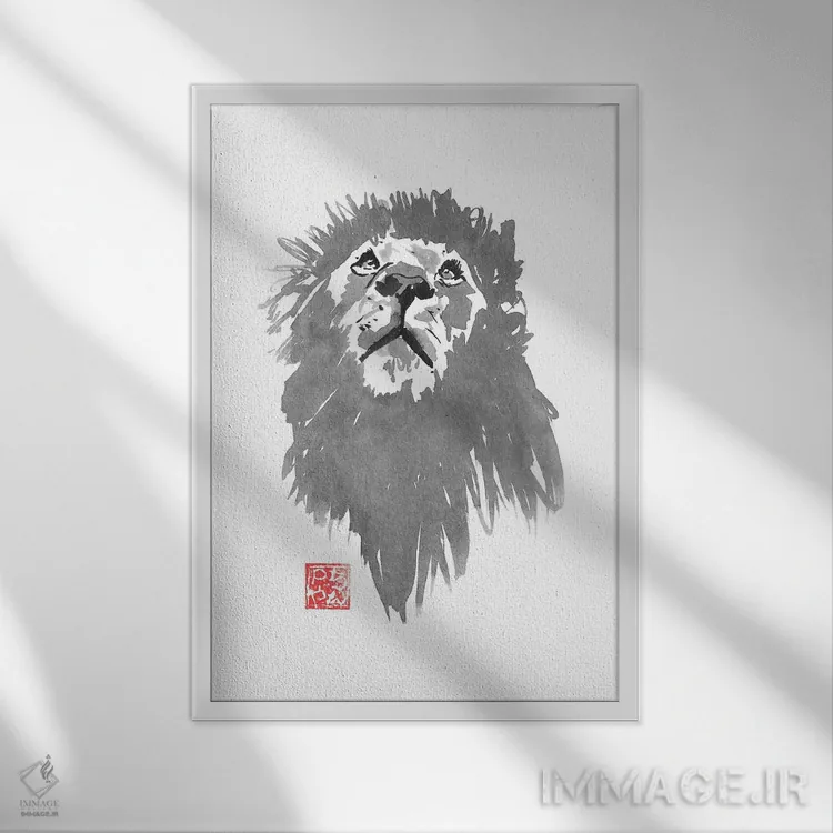 تابلو دکوراتیو شکار شیر اثر پشان - نمای قابدار سفید